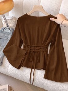 SHEIN 青少年女孩紋理極簡風百褶腰長袖襯衫 - 棕色 - 查看 1