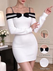 Cévolie Contrast Stripe Big Bow Decor Cold Shoulder Long Sleeve Fitted Bodycon Dress - Beige - View 5