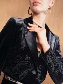MOTF PREMIUM WOMEN'S AUTUMN/WINTER EMBROIDERED LAPEL SHORT LONG SLEEVE BLAZER JACKET - Black - View 2