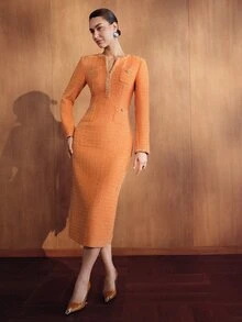 MOTF PREMIUM WOMEN'S V-NECK WAIST-CINCHING RIBBON DECOR MIDI DRESS, AUTUMN/WINTER - Orange - View 4