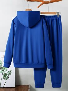 SHEIN 青少年男孩拼色寬鬆長袖連帽衫套裝，冬季，街頭風，畢業，返校 - 藏蓝色 - 查看 2