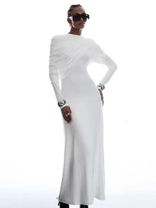LYSMO Women's Designer Fashion Pleated Cape Dress Dinner Party White Elegant - White - View 1