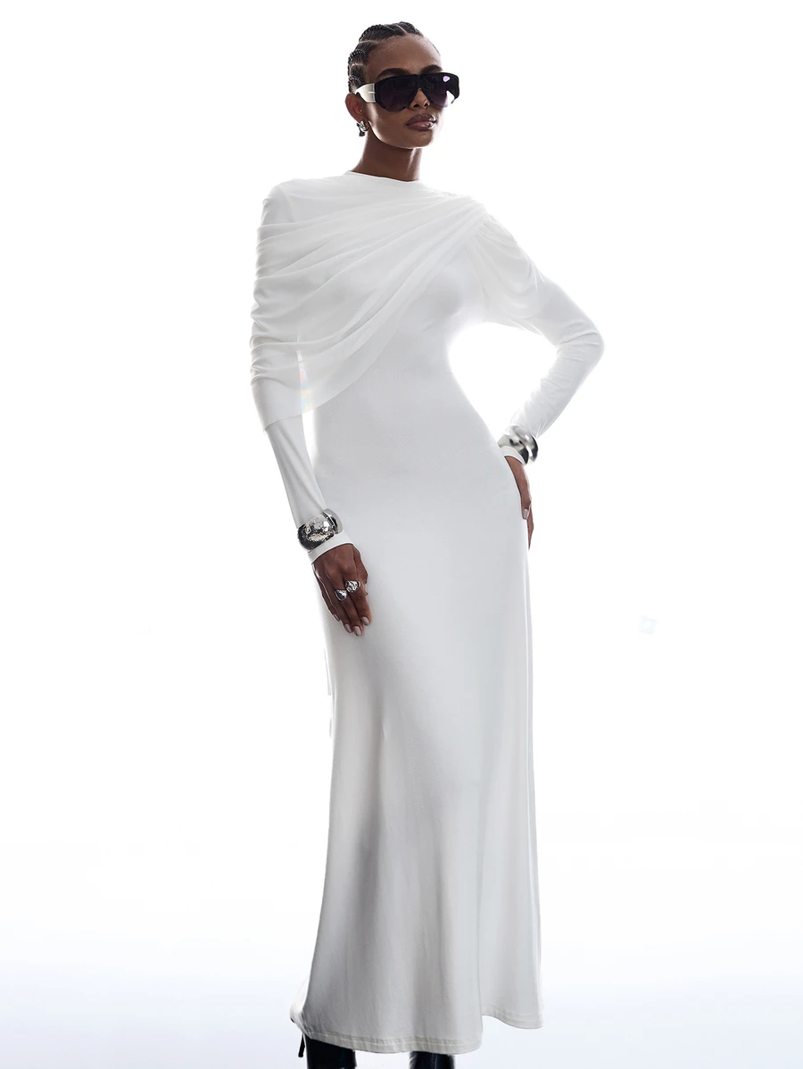 LYSMO Women's Designer Fashion Pleated Cape Dress Dinner Party White Elegant - White - View 1