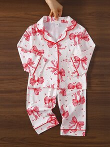 SHEIN 秋冬少女甜美可愛優雅親膚柔軟舒適休閒日常穿著蝴蝶結與愛心印花前開襟針織長袖上衣與長褲2件套家居服度假居家風 - 彩色 - 查看 3