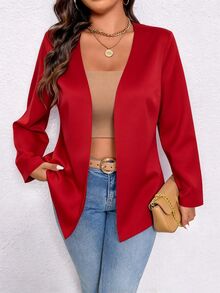 EMERY ROSE Plus Size Solid Long Sleeve Blazer, Fashion For Summer Graduation, Back To School, Teacher For Women Fall For Women Autumn - Red - View 6