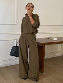 Livesso Women's Solid Color Long Sleeve Top And Pants Casual Daily 2 Pieces Set - Army Green - View 6