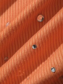 Livesso Plus Size Women's Autumn/Winter New Heavy Rhinestone Embellished Fitted Tank Top - Orange - View 6