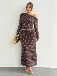 Firerie Plus Size Women Polka Dot Asymmetric Shoulder Long Sleeve Top And Skirt Casual 2 Pieces Set Elegant Thanksgiving 2 Pieces Set For Women Fall/Winter - Coffee Brown - View 6