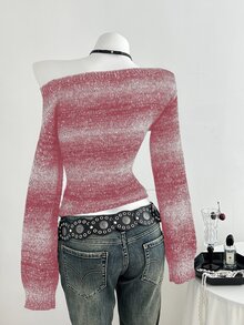 Elamini 女款黑色秋冬獨特不對稱肩領對比條紋亮片針織毛衣，收腰喇叭袖，1件 - 粉色 - 查看 2