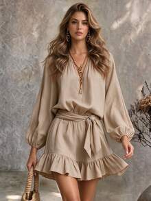 Ceyna Casual Boho Vintage Vacation Style Textured Linen-Feel V-Neck Loose Lantern Sleeve Dress, Relaxed Beach Brunch Travel Outfit - Khaki - View 3