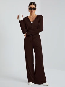 SHEIN Tall 休閒街頭風灰色連帽前中拉鍊修身上衣 + 寬腿長褲兩件套，適合高個女性 - 咖啡棕 - 查看 6