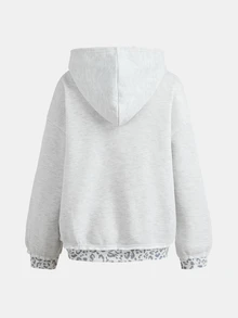 SHEIN 青少年女孩秋冬 Y2K 時尚豹紋拼接連帽長袖運動衫，寬鬆版型，袋鼠前口袋，灰色休閒街頭運動可愛風 - 淺灰色 - 查看 2
