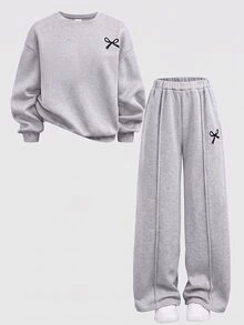 SHEIN Tween女孩蝴蝶結印花兒童針織灰色兩件套，開學季秋季休閒長袖套頭衫與寬腿運動長褲校園運動套裝 - 淺灰色 - 查看 6