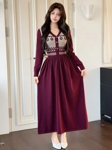 Feyla Women's Geometric Pattern Button Half-Placket Long Sleeve Knit Dress - Burgundy - View 4