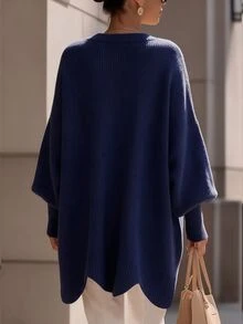Omancia Autumn/Winter Asymmetrical Hem Metal Single-Breasted Knit Cardigan - Navy Blue - View 2