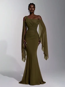 Elitara Elegant Classical Elastic Asymmetrical Shoulder Draped Neckline Ruched Waist Bodycon Long Dress, Suitable For Festivals, Celebrations, Weddings, Balls, Concerts, Business Guest Banquets, Internet Celebrity Events, Women's Formal Evening Gown - Army Green - View 3