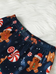 Young Boy Autumn/Winter Pajamas 2pcs Gingerbread Man Satin Long Sleeve Pants Lapel Print Christmas Blue Flame Resistant - Navy Blue - View 7