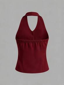 Franclia Women's Summer Elegant Front Button Backless Halter Neck Top - Burgundy - View 2