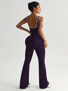 SHEIN Sports 女款瑜伽戶外健身連身褲，寬肩帶緊身顯瘦喇叭褲，對比色條紋設計 - Bold Plum - 查看 2