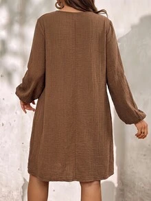 EMERY ROSE Plus Size Brown Textured Round Neck Long Sleeve Dress Elegant Formal Fall Winter 2026 - Brown - View 3