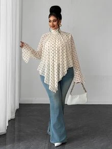 Maweii Plus Size Women's New Apricot Semi-Sheer Stand Collar Ruched Asymmetrical Flared Sleeve Chiffon Blouse, Loose Draped Fit, Stacked Stand Collar, Full Front Ruched Detail, Asymmetrical Hemline, Slightly Sheer Chiffon Flared Long Sleeves, Hidden Mushroom Button Back Collar, Commute Chiffon Top, Workplace Date Atmosphere, Gentle Fairy Style, Spring Autumn Loose Fit - Apricot - View 4