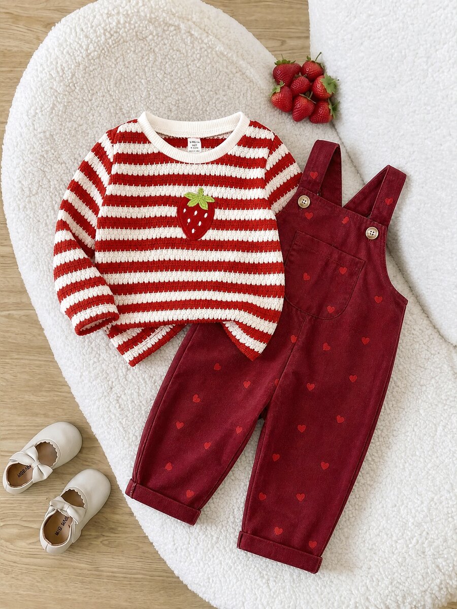 Bộ áo dài tay và jumpsuit bé gái họa tiết sọc phối miếng dán dâu tây - Đỏ và trắng - Xem 1
