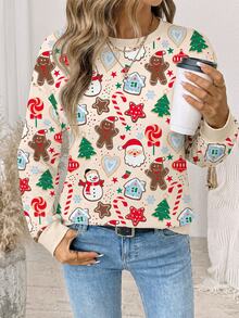 EMERY ROSE Women's Thick Santa Claus & Gingerbread Man Print Crew Neck Long Sleeve Sweatshirt Sweatshirt - White - View 3
