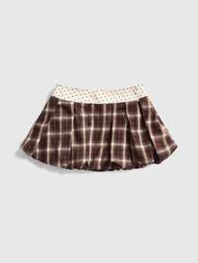 Sweetness Autumn/Winter Cute Girl Polka Dot Waist Brown Plaid Button Decor Fluffy Women's Skirt - Multicolor - View 2