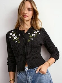 Willow Rêve Women's Floral Embroidered Cable Knit Black Round Neck Long Sleeve Cardigan Sweater - Black - View 4