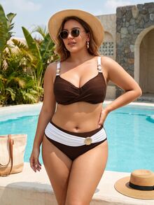 Swim Chiccia 2026 New Plus Size French Luxury Vacation Style Underwire Push-Up Non-Removable Cup High Waist Tummy Control Shaping Slimming Two Pieces Bikini Swimsuit Set - Brown - View 6