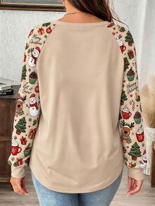 Mellowie Christmas Santa Claus Christmas Tree Print Plus Size Women Casual Raglan Sleeve Crew Neck Loose Fit T-Shirt Suitable For Spring And Autumn, Party Fall - Multicolor - View 2