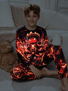 SHEIN 青少年男孩卡通印花長袖上衣與內搭褲居家休閒套裝 - 彩色 - 查看 7