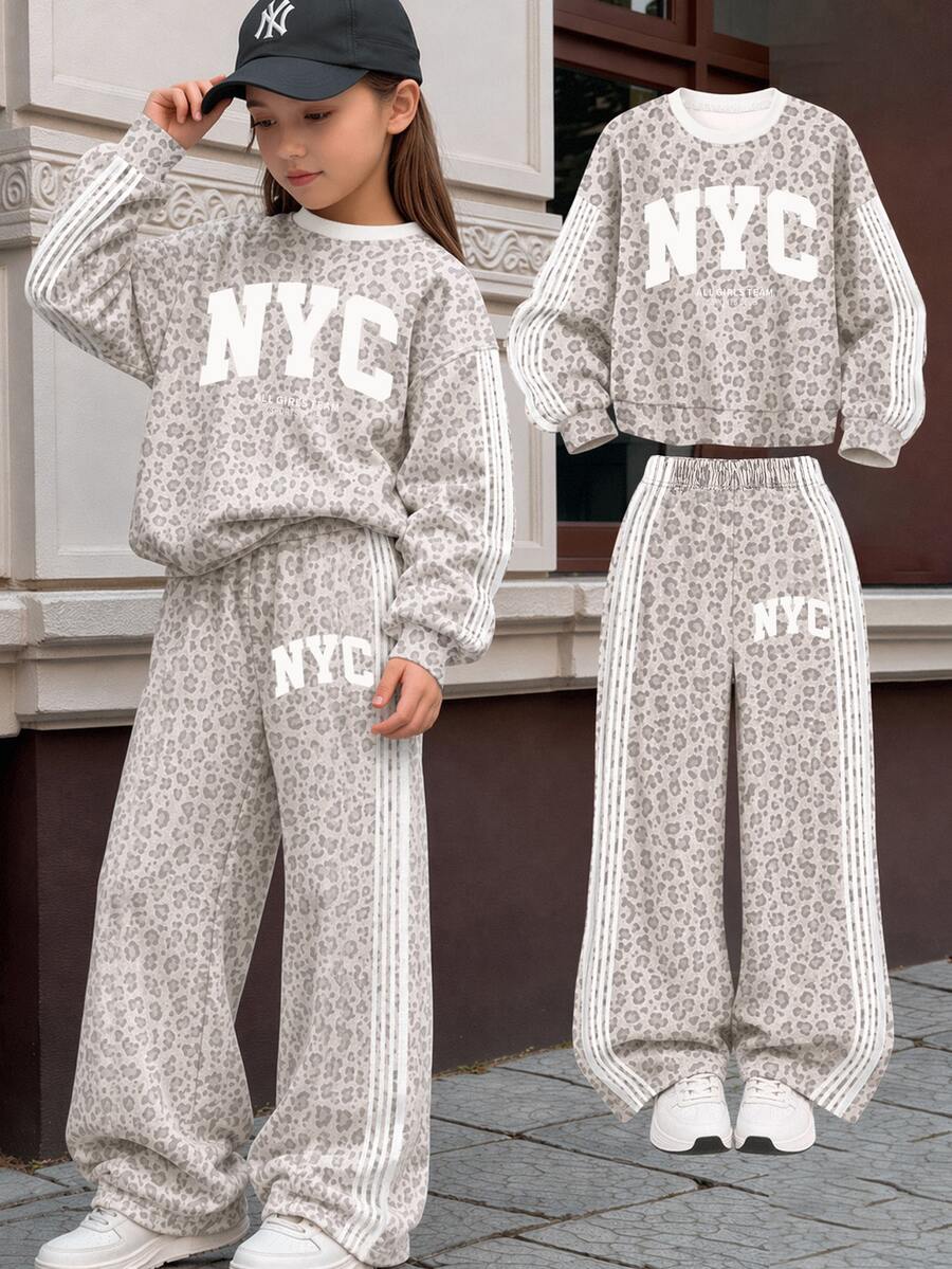 SHEIN 兒童青少年女孩秋冬休閒復古時尚抓絨內裡加厚運動衫套裝,字母與豹紋印花,寬鬆圓領落肩長袖套頭上衣搭配印花百褶寬腿直筒運動長褲,2件式運動衫套裝,麻灰色 - 灰色 - 查看 1