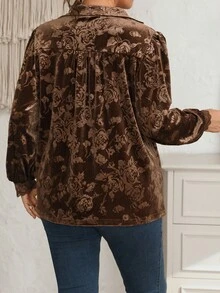 EMERY ROSE Plus Size Women's Autumn/Winter Party Casual Vacation Deep Brown Floral Print Velvet Lace Trim Patchwork Cute Blouse Shirt Top,Fall, Country - Chocolate Brown - View 2