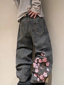 STEELVANCE 街頭風極簡精緻桃花刺繡設計百搭寬鬆寬腿牛仔褲 - 灰色 - 查看 1
