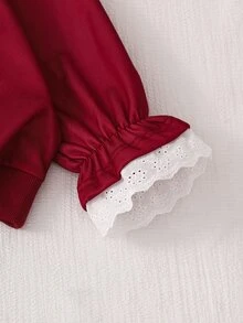 SHEIN 女童可愛甜美風深紅色 2 合 1 保暖內裡長袖運動衫，秋季蕾絲飾邊拼接蝴蝶結套頭上衣，聖誕節假期派對穿搭 - 酒紅色 - 查看 6