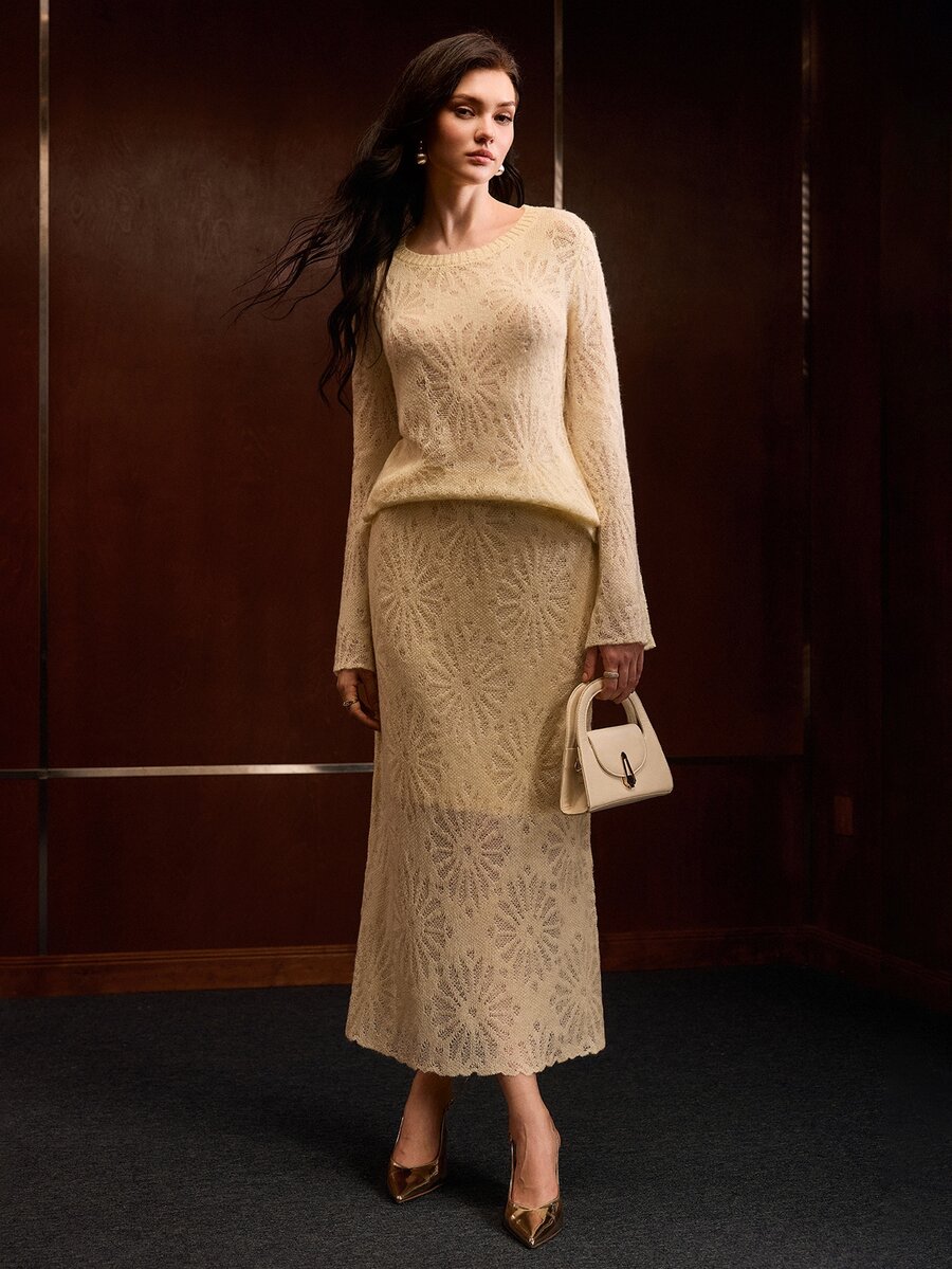 MOTF PREMIUM WOMEN'S APRICOT LONG SLEEVE SWEATER AND KNITTED SKIRT 2 PIECES SET FOR AUTUMN/WINTER, CASUAL AND DATE WEAR - Apricot - View 1