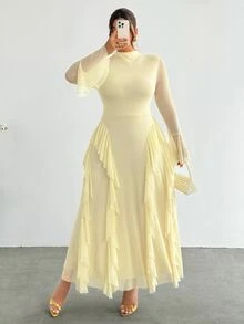 Firerie Plus Size Women's Solid Color Stand Collar Bell Sleeve Patchwork Ruffle Elegant Dress - Yellow - View 7