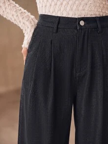 Anewsta Women's Elegant Commuter Versatile High Waist Double Pleated Draped Wide Leg Floor Length Trousers, Autumn/Winter - Navy Blue - View 6