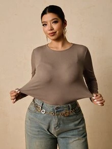Freevana 大尺碼女款黑色長袖圓領保暖底層衣，抓皺收腰收腹T恤 - 卡其色 - 查看 3