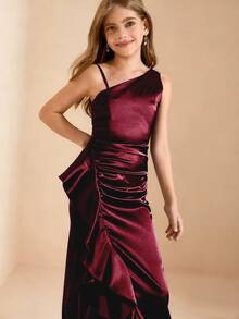 Wedding Season Girls' Solid Color Spaghetti Strap Square Neck Fitted Slit Patchwork Ruffle Hem Long Dress For Ball, Performance, Birthday Party, Banquet, Christmas - Burgundy - View 4