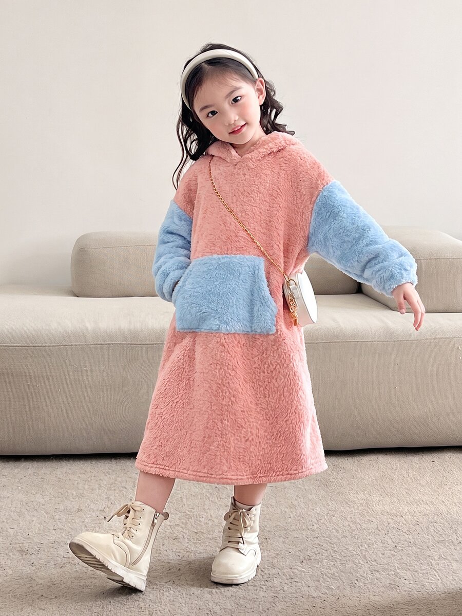 SHEIN 女童雙色口袋落肩泰迪毛絨運動衫洋裝,秋冬款 - 粉色 - 查看 1
