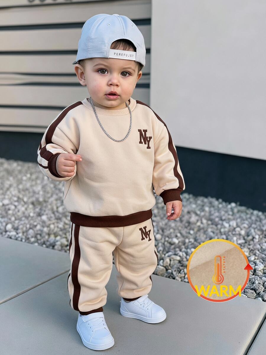 LMoss Kids Baby Boy Letter Pattern Colorblock Long Sleeve Sweatshirt And Pants Casual Set - Beige - View 1