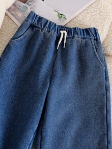 Genkimix Kids 女童藍色保暖內裡直筒牛仔褲，抽繩腰頭，加厚毛絨內裡，休閒返校褲，適合秋冬 - 寶藍色 - 查看 5