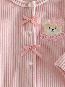 秋冬新生兒保暖內裡加厚絨毛可愛熊刺繡柔軟舒適粉色條紋長袖連身連腳家居服 - 粉色 - 查看 6