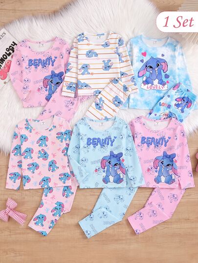 SHEIN Girls' Fashionable Elegant Cute Casual Daily Comfortable Soft Skin-Friendly Knit Fabric Multi-Color Tie-Dye Striped Cartoon Rabbit Heart Text Print Round Neck Long Sleeve Top And Long Pants Pajama Set Loungewear 2pcs