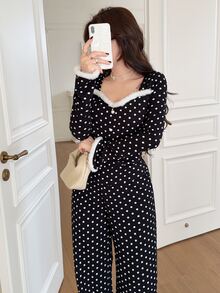 Feyla Women's Polka Dot Print Patchwork Striped Long Sleeve Top And Wide Leg Pants Elegant 2 Pieces Set - Black - View 1