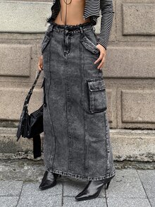 StreetHx Fashionable Casual Streetwear Cargo Multi-Pocket Low Waist Denim Skirt - Black - View 1