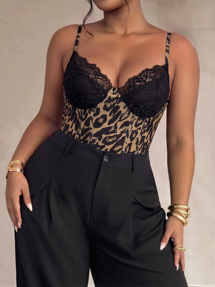 Firerie Plus Size Sexy Lace Patchwork Leopard Print Bodysuit