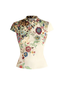 ROMWE Avant Atasan Wanita Model Pas Badan dengan Kerah Tegak Bergaya Cina yang Elegan dan Motif Macan - Khaki - View 1